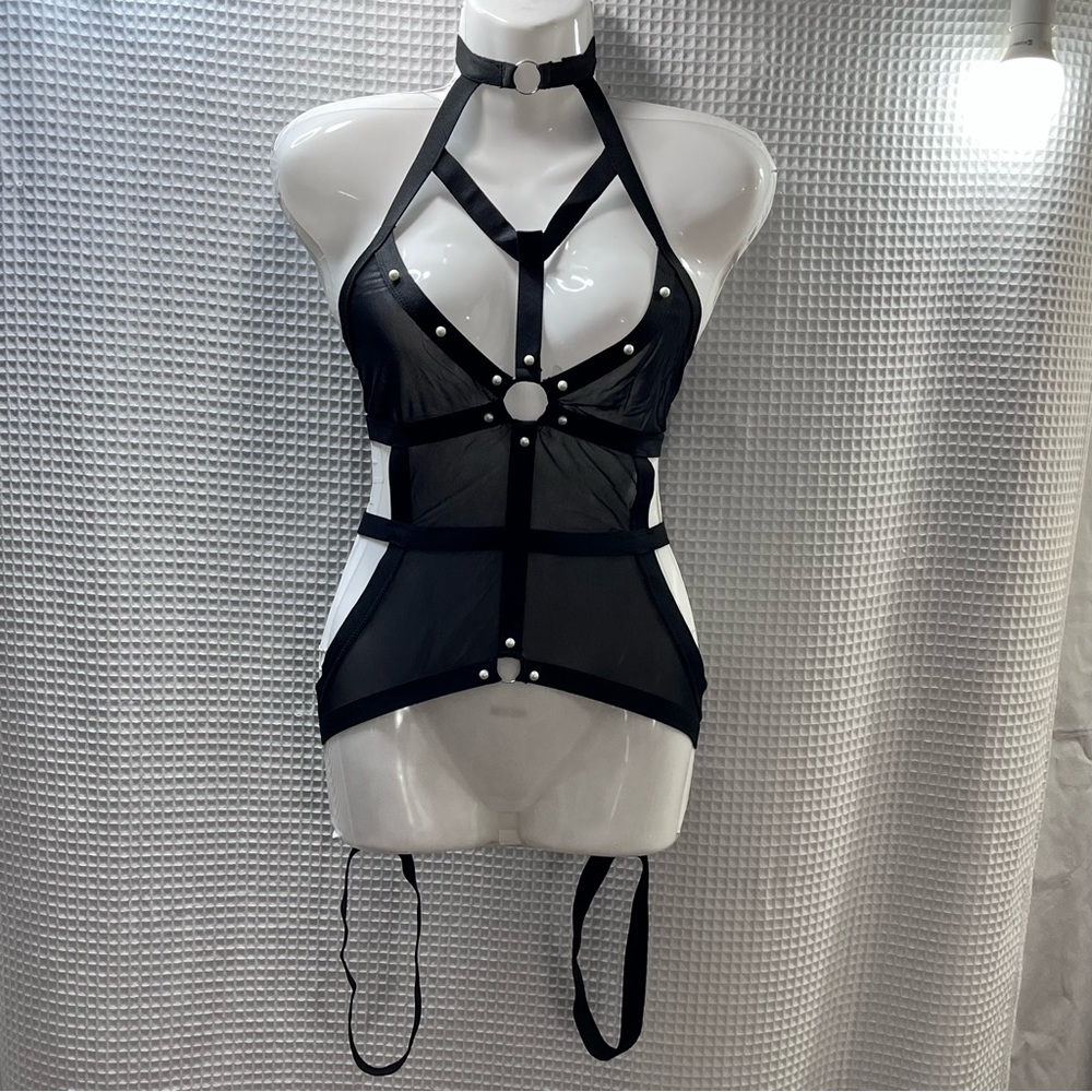 Ladies Black Strappy Harness Bodysuit size 0XL
